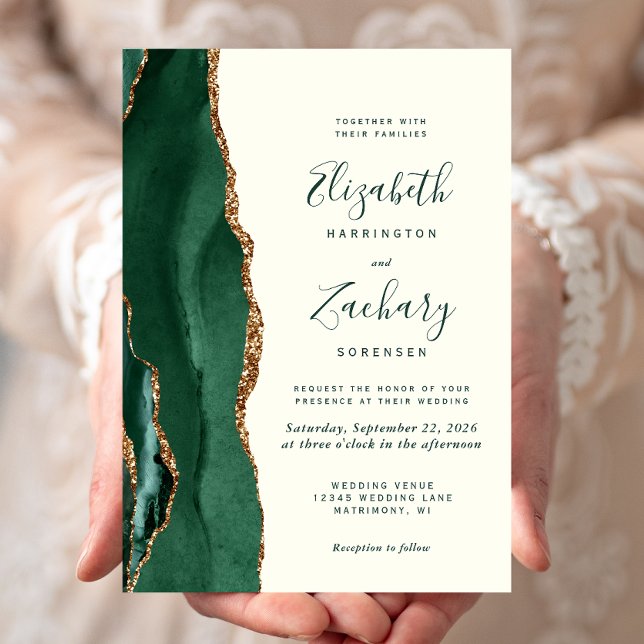 Convites Casamento Moderno Esmeralda Verde Ouro Ágata Marfi (Criador carregado)