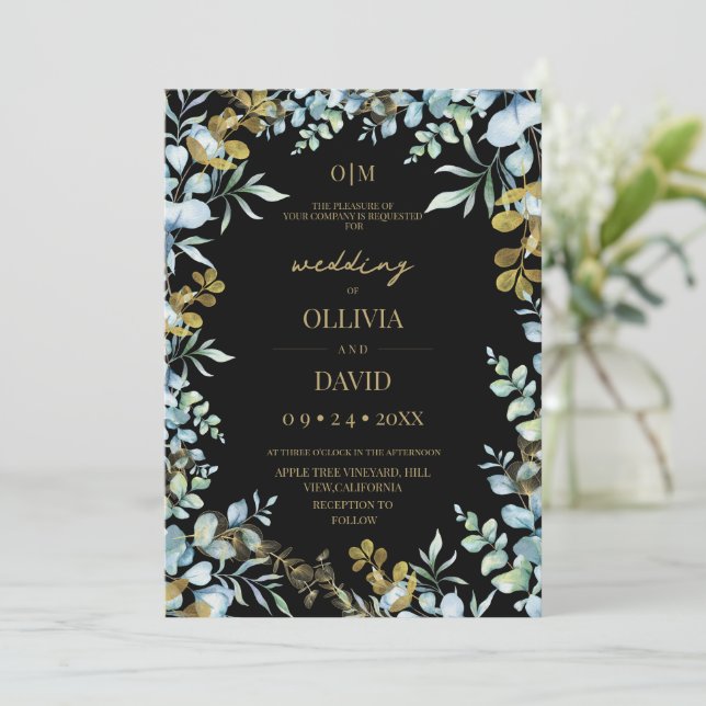 Convites Casamento Moderno Eucalipto Dourado Verde Salgueir (Em pé/Frente)