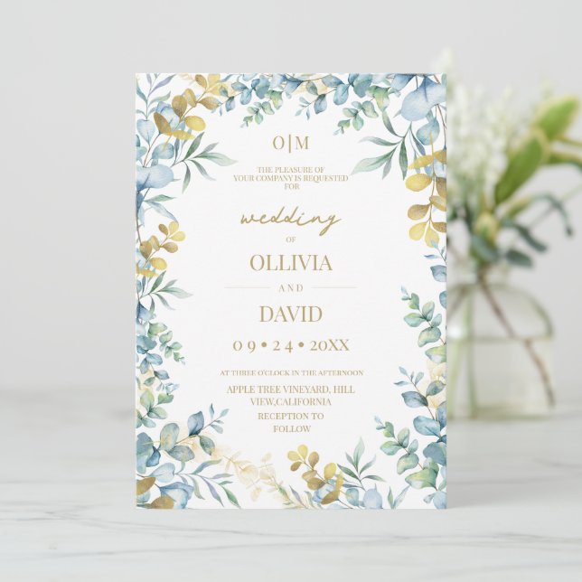 Convites Casamento Moderno Eucalipto Verde Salvia Rústico (Em pé/Frente)