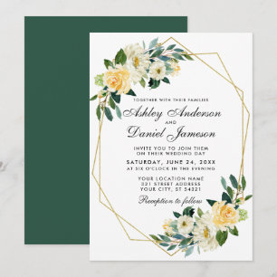 Convites Casamento Moderno Floral Amarelo Verde Dourado Geo