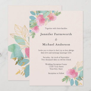 Convites Casamento Moderno Floral Bege Rosa Dourado Verde A