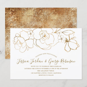 Convites Casamento moderno floral branco & Dourado elegante