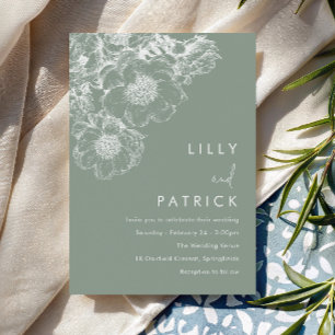 Convites Casamento Moderno Floral Branco Elegante em Verde