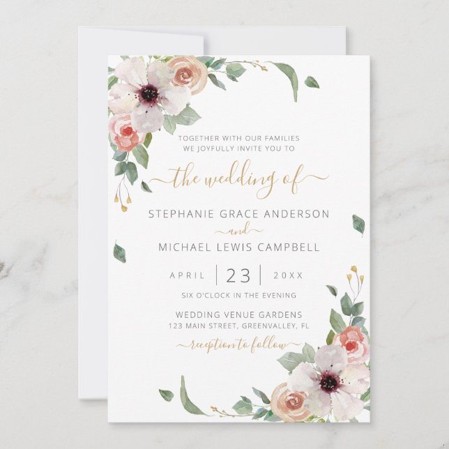 Convites Casamento Moderno Floral Cor de Água Rosa (Frente)