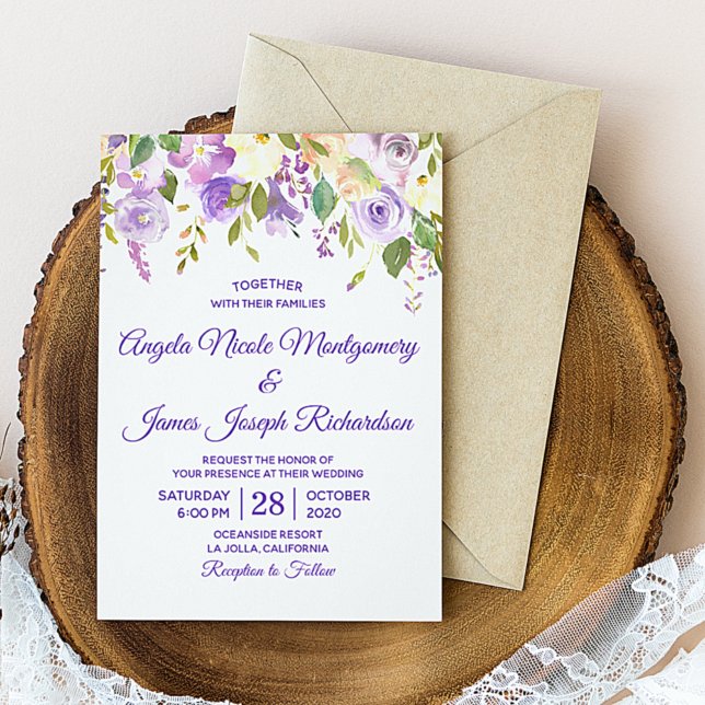 Convites Casamento Moderno Floral de Cor de Água Púrpura El (Elegant Purple Watercolor Floral Modern Wedding Invitation)