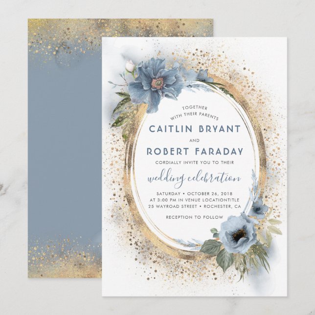 Convites Casamento Moderno Floral de Dusty Blue e Glitter D (Frente/Verso)