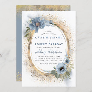 Convites Casamento Moderno Floral de Dusty Blue e Glitter D