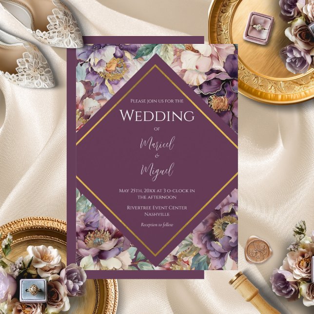 Convites Casamento Moderno Floral de Púrpura (Criador carregado)