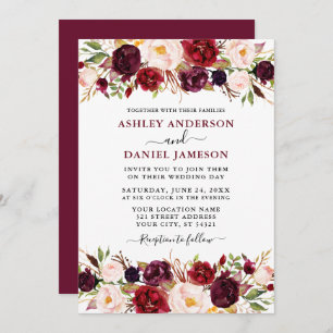 Convites Casamento Moderno Floral de Watercolor Burgundy