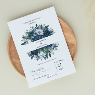 Convites Casamento moderno floral em azul naval e azul poei