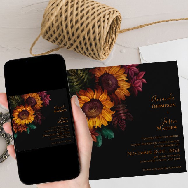 Convites Casamento Moderno Floral Laranja Vibrante Preto Qu (Vibrant Black Burnt Orange Floral Modern Wedding Invitation)