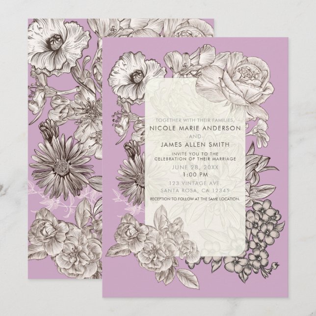 Convites Casamento Moderno Floral Lavanda Roxo Vintage (Frente/Verso)