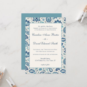 Convites Casamento Moderno Floral Paisley Azul e Verde