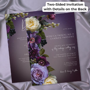 Convites Casamento Moderno Floral Roxo Sombrio de Dois Lado