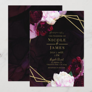 Convites Casamento Moderno Floral Sombrio Vinho Dourado Gla