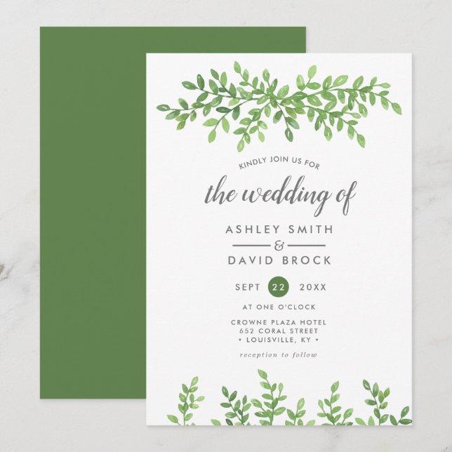 Convites Casamento Moderno Folhas Florais Verde Água (Frente/Verso)