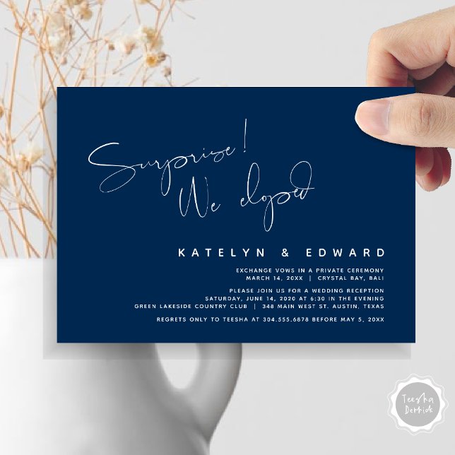 Convites Casamento Moderno Fuga, Surpresa, nós fugimos (Modern Wedding Elopement, Surprise, we eloped, dinner Invitation Card, PDF, in Navy Blue)