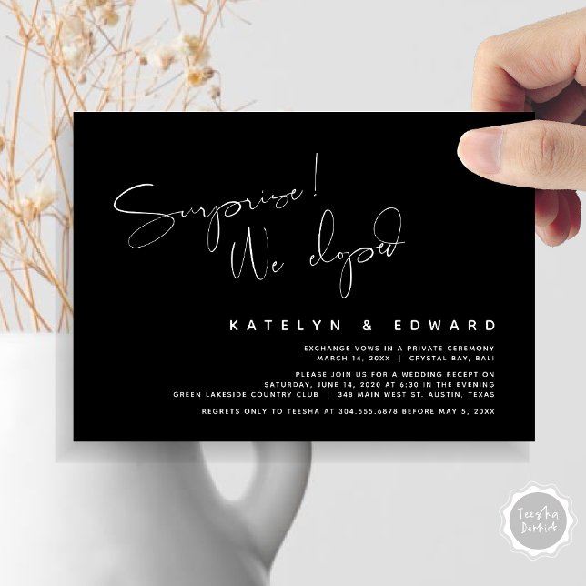 Convites Casamento Moderno Fuga, Surpresa, nós fugimos (Modern Wedding Elopement, Surprise, we eloped, dinner Invitation Card, PDF, in Black and White)