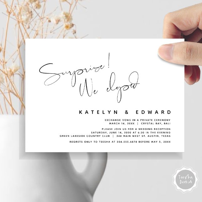 Convites Casamento moderno fuga, Surpresa, nós fugimos (Modern Wedding Elopement, Surprise, we eloped, dinner Invitation Card, PDF, in Black and White)