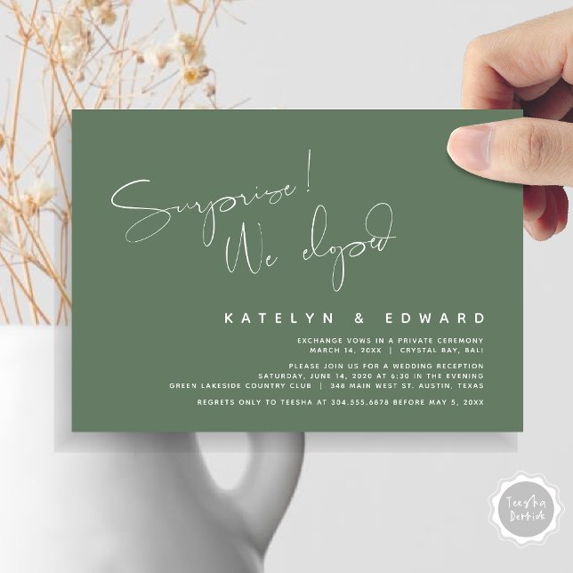 Convites Casamento Moderno Fuga, Surpresa, nós fugimos (Modern Wedding Elopement, Surprise, we eloped, dinner Invitation Card, PDF, in Forest Sage Green)