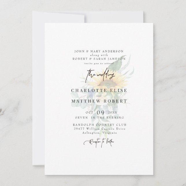 Convites Casamento Moderno Girassol Abafado Light Sage (Frente)