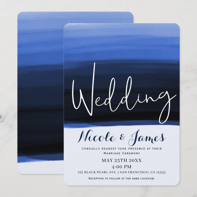 Convites Casamento Moderno Glam com Tons de Azul Água do Oc (Frente/Verso)