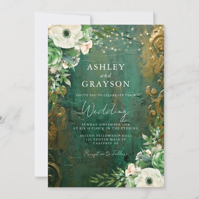 Convites Casamento Moderno Glam Esmeralda e Dourado (Frente)