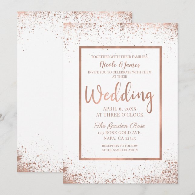 Convites Casamento Moderno Glam Rosa Dourado Rose (Frente/Verso)