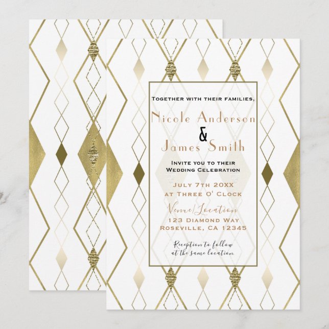 Convites Casamento Moderno Glamouroso com Diamantes Brancos (Frente/Verso)