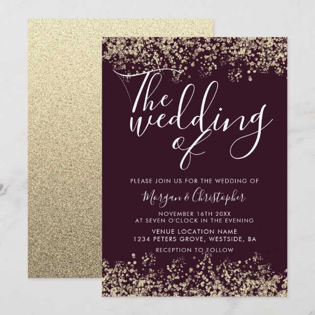 Convites Casamento Moderno Glitter Dourado e Borgonha (Frente/Verso)