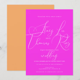 Convites Casamento Moderno Laranja Rosa Brilhante Escrito B