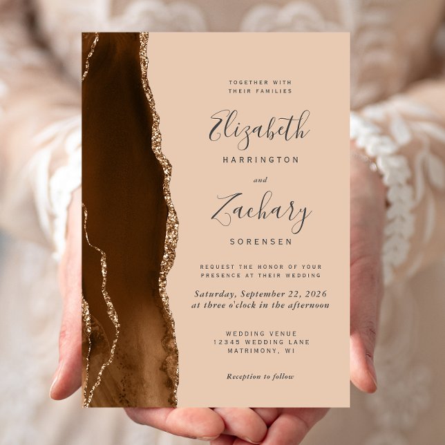 Convites Casamento Moderno Marrom Mocha Dourado Ágata Bege (Criador carregado)