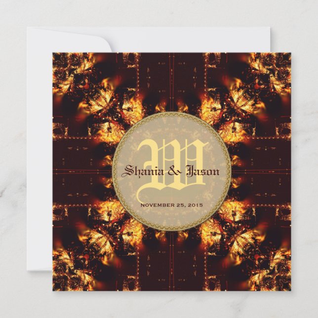 Convites Casamento Moderno Medieval do Monograma de Fogo (Frente)