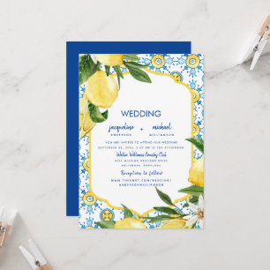 Convites Casamento Moderno Mediterrâneo Azul Cobalto & Limõ