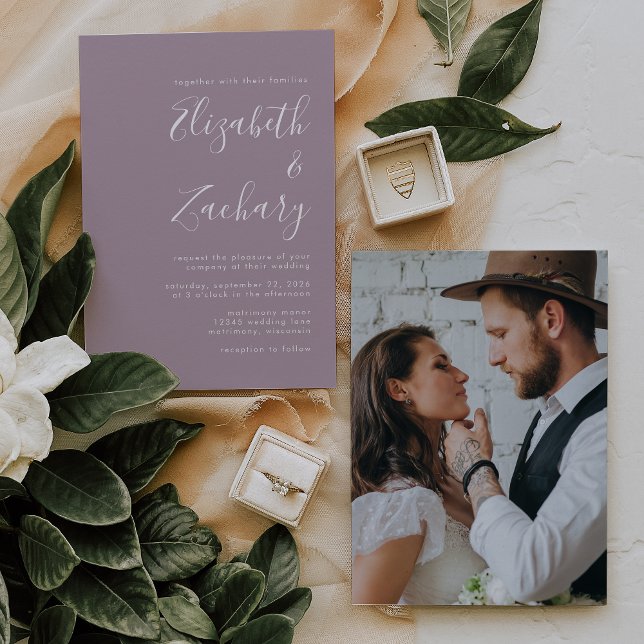 Convites Casamento Moderno Minimalista com Foto em Lavanda  (Criador carregado)