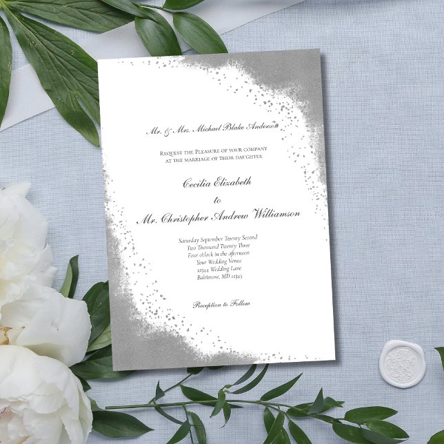 Convites Casamento Moderno Minimalista da Fronteira de Cinz (Silver Gray Border Formal Wording Traditional Classic Wedding Invitation)