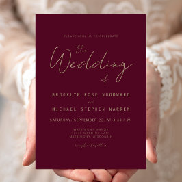 Convites Casamento Moderno Minimalista Dourado em Burgundy