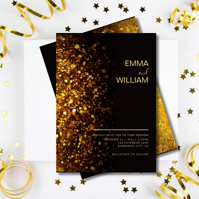 Convites Casamento Moderno Minimalista Dourado Luxo (Luxury Gold Glitter Minimalist Modern Wedding Invitation )