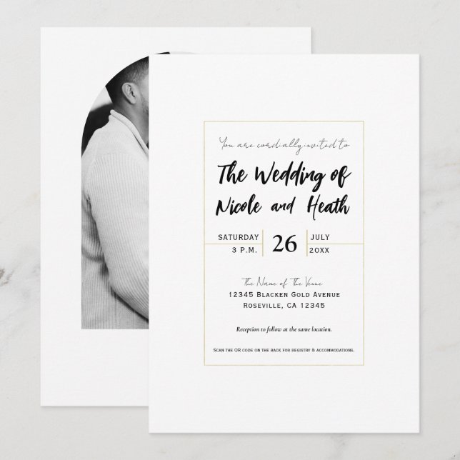 Convites Casamento Moderno Minimalista Elegante Branco e Do (Frente/Verso)