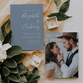 Convites Casamento Moderno Minimalista em Azul Poeirento Fo