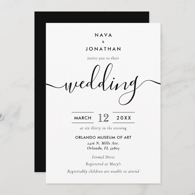 Convites Casamento Moderno Minimalista Negro e Branco (Frente/Verso)