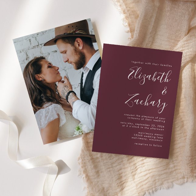 Convites Casamento Moderno Minimalista Script Foto Burgundy (Criador carregado)