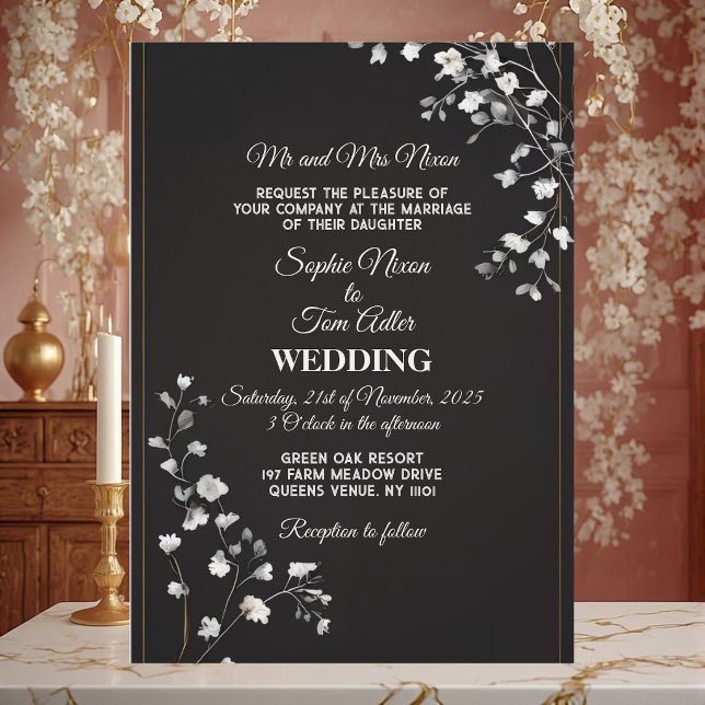 Convites Casamento Moderno Monocromático Preto Branco Minim (Minimalist Black White Monochrome Modern Wedding Invitation)