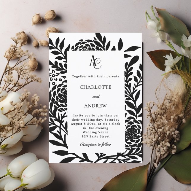 Convites Casamento moderno monograma botânico preto branco (Criador carregado)
