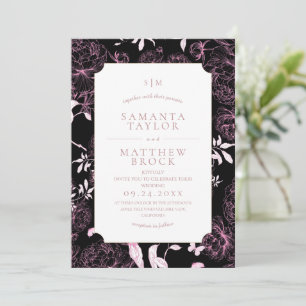 Convites Casamento Moderno Moody Preto Rosa Francês Peônia 