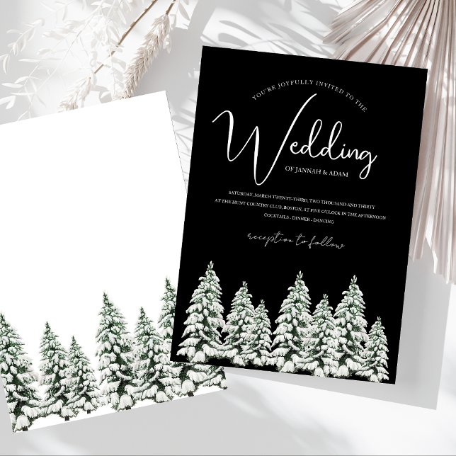 Convites Casamento Moderno na Floresta de Pinheiros Nevada  (Winter Black and White Snowy Pine Trees Wedding Invitation)