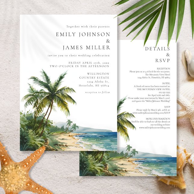 Convites Casamento Moderno na Praia em Aquarela (Modern All In One Watercolor Beach Wedding Invitation)
