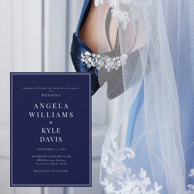 Convites Casamento Moderno Navy & Texto Branco Sem Pais (Criador carregado)