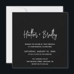 Convites Casamento Moderno Negro Minimalista<br><div class="desc">Convite de casamento quadrado moderno com um simples design com seus nomes em uma tipografia de script elegante e seus detalhes de evento em uma fonte minimalista sans serif. Todos os elementos de design estão em branco sobre um fundo preto. Este convite de casamento chic funciona bem com qualquer estilo...</div>