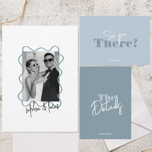 Convites Casamento moderno, ousado Mínimo Dusty Blue Wavy